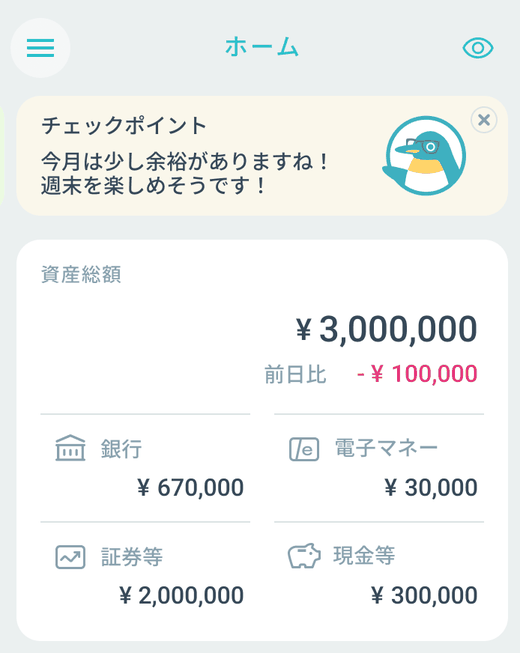 家計ボードのホーム画面。資産総額と、銀行・電子マネー・証券等・現金等の残高、クレジットカードの引き落とし予定が並んでいる様子
